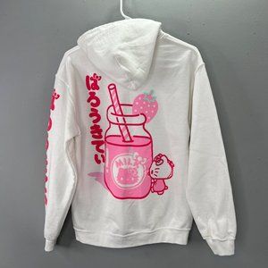 Sanrio Hello Kitty Strawberry Milk Hoodie Pullover size S Oversized White Pocket